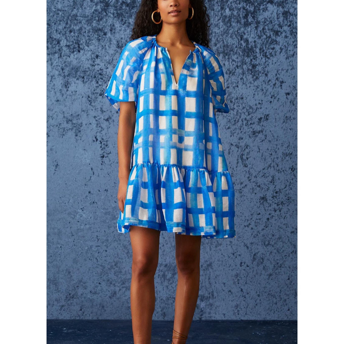 Marie Oliver Greta Mini Dress Blue White Plaid Puff Sleeves Swing L